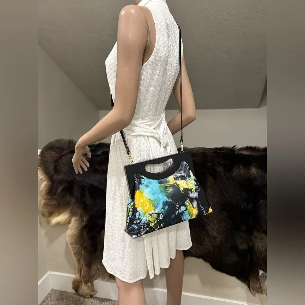 Unique Cowhide Leather Tie-dye Print Handmade Wooden Frame Top Handle Bag